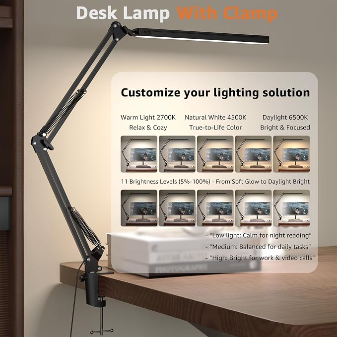 Upgrade Swing Arm LED Desk Lamp with Clamp, 80 LED Beads, 5 Color Modes & 11 Brightness Levels, 360° Adjustable Arm, Eye-Caring Light CRI95, Timer & Memory Function, for Office, Study, Crafting