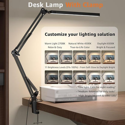 Upgrade Swing Arm LED Desk Lamp with Clamp, 80 LED Beads, 5 Color Modes & 11 Brightness Levels, 360° Adjustable Arm, Eye-Caring Light CRI95, Timer & Memory Function, for Office, Study, Crafting