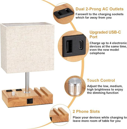 Kakanuo Fully Dimmable Nightstand Lamp for Bedroom with USB C Ports, Small Bedside Table Lamp with Charging Outlets and Phone Stands, Wooden Desk Lamp for Living Room, LED Bulb Included