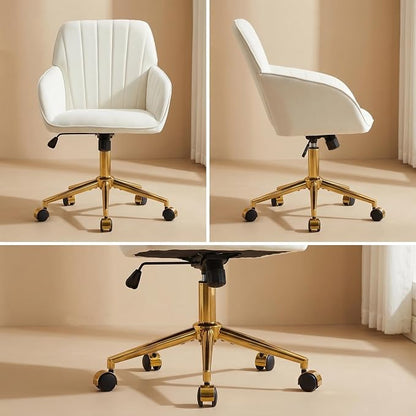 Velvet Home Office Desk Chair, Modern Cute Computer Task Chair with Back, Height Adjustable Upholstered Vanity Chair with Swivel Wheels for Women, Girls (Gold Base, Cream