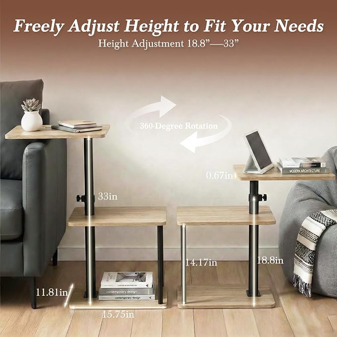 Faesun 360° Swivel Side Table for Height Adjustable, C Shaped End Table for Couch with Storage, 3-Tier Night Stand with Open Shelf, Tv Tray for Small Spaces, Living Room, Bedroom, Oak