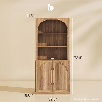 BELLEZE Tall Arched Storage Cabinet with Hutch,Modern Bookcase with Drawers,Freestanding Display Shelf with Fluted Design,Wood Highboard for Living Room,Kitchen Pantry,Home Office - Camel