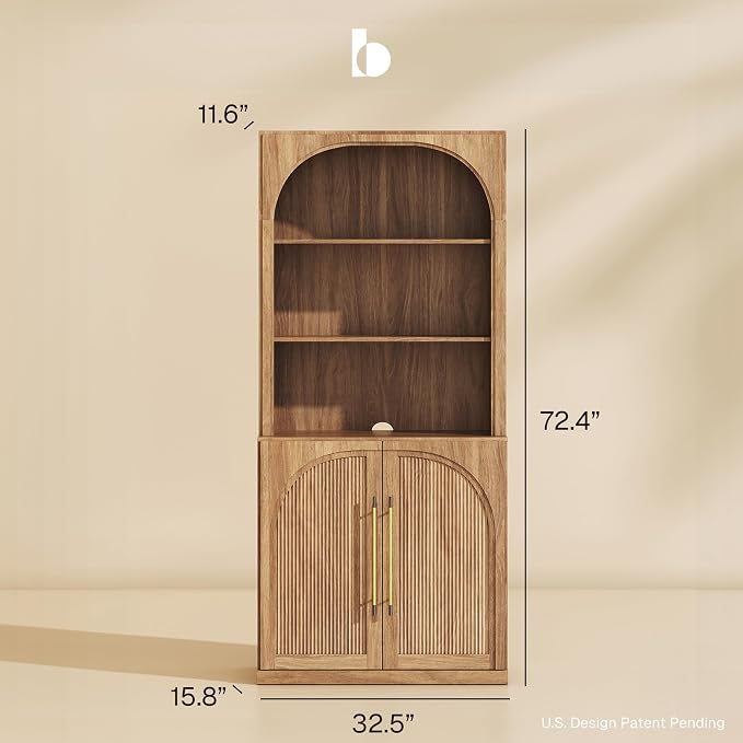 BELLEZE Set of 2 Tall Arched Storage Cabinet with Hutch, Freestanding Display Shelf with Fluted Design, Wood Highboard for Living Room and Home Office, Camel