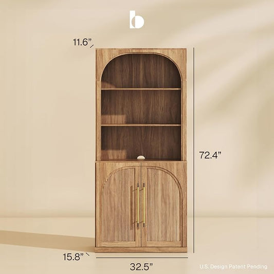 BELLEZE Set of 2 Tall Arched Storage Cabinet with Hutch, Freestanding Display Shelf with Fluted Design, Wood Highboard for Living Room and Home Office, Camel