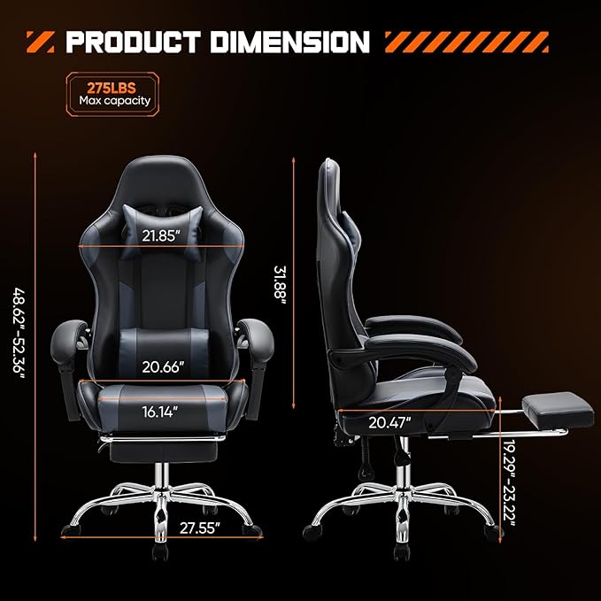 Sweetcrispy Computer Gaming Chair with Footrest, Ergonomic High Back PU Leather Video Racing Chair with Adjustable Headrest & Linkage Armrest, for Office and Home, Adults, Grey