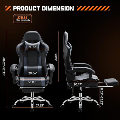 Sweetcrispy Computer Gaming Chair with Footrest, Ergonomic High Back PU Leather Video Racing Chair with Adjustable Headrest & Linkage Armrest, for Office and Home, Adults, Grey