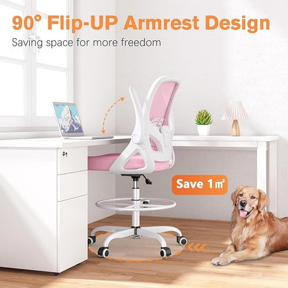 ORRSAKER Drafting Chair, Tall Office Chair with Flip-up Arms, Mesh Ergonomic Computer Standing Desk Chair with Adjustable Height Foot Ring and Lumbar Support, 300 LBS Capacity, Pink