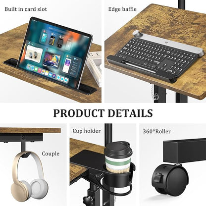 Enayplon Small Standing Desk with Wheels, Mobile Stand Up Desk, Portable Standing Table on Wheels for Walking Pad, Rolling Computer Desk Adjustable Height, Tall Table