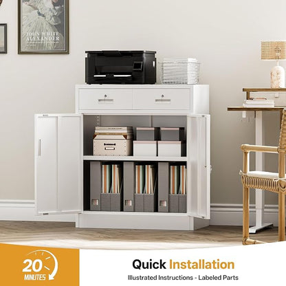 Metal Storage Cabinet, 36 Inch Tall Locking Cabinet with 2 Doors and 2 Drawers, Metal Cabinets with Adjustable Shelf, Garage Cabinets for Kitchen,Garage,Warehouse, White