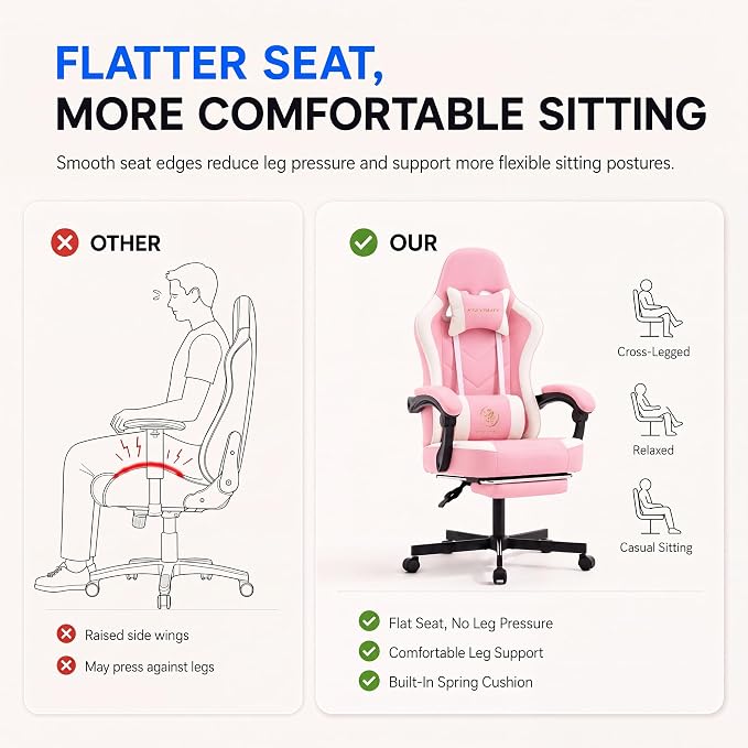 Desk Computer Gaming Chair - High Back Ergonomic Office Chair with Footrest and Lumbar Support, Swivel Comfy Home Gamer Video Game Chairs with Pocket Spring Cushion for Adults (Pink Leather)