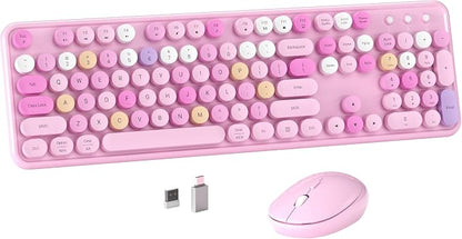 MPTOG Colorful Wireless Computer Keyboard and Mouse Combo with Round Typewriter Keycaps, Retro Design, Power Switch, Ergonomic Design, 2.4GHz Wireless for Windows, Mac, PC(Pink-Colorful)