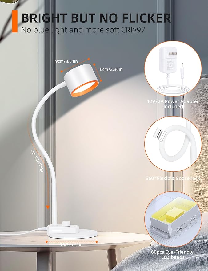 LiFMIRA LED Desk Lamp, 1200LM for Home Office, Fully Dimmable Bedside Reading Lamp with USB C + A Charging Ports, 5 Colors, 12W Gooseneck Lamp, Metal Small Table Lamps for Bedroom Living Room White