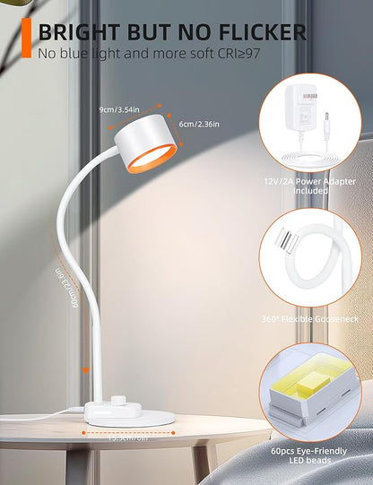 LiFMIRA LED Desk Lamp, 1200LM for Home Office, Fully Dimmable Bedside Reading Lamp with USB C + A Charging Ports, 5 Colors, 12W Gooseneck Lamp, Metal Small Table Lamps for Bedroom Living Room White