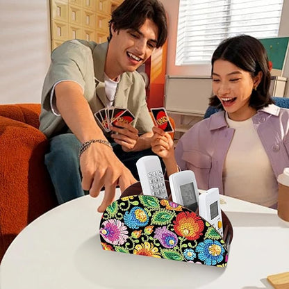 Diamond Painting Storage Box, DIY 5D Floral Leaf Design Multi-Compartment Wooden Diamond Art Organizer for Makeup Brushes Pens TV AC Remotes Desktop Tabletop Decoration