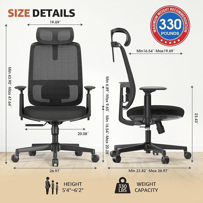 ErgoSift Ergonomic Mesh Office Chair Computer Desk Chair, Headrest, Black | 3D Armrests, Lumbar Support, Seat Slide, 330 lbs Capacity, Home Office and Gaming