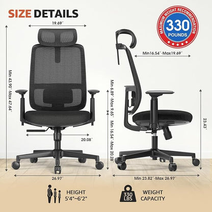 ErgoSift Ergonomic Mesh Office Chair Computer Desk Chair, Headrest, Black | 3D Armrests, Lumbar Support, Seat Slide, 330 lbs Capacity, Home Office and Gaming