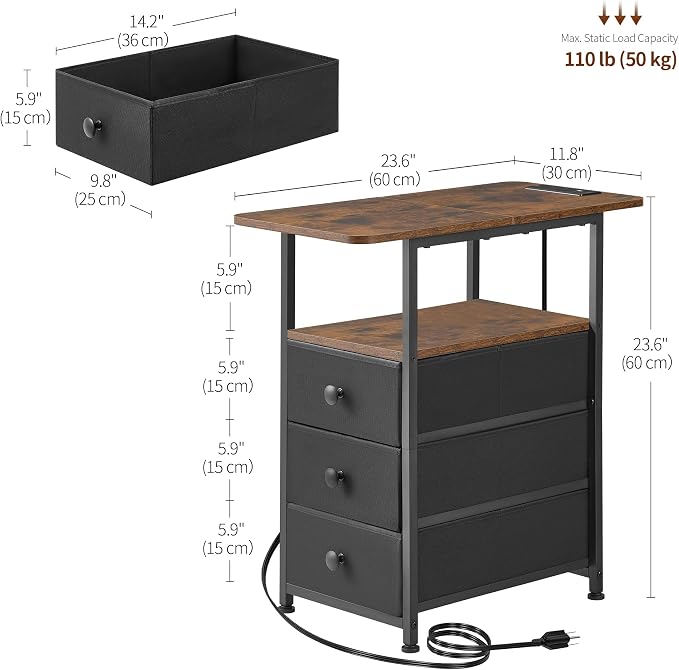 DALEMHOME Narrow End Table with Charging Station, Narrow Side Table with 3 Fabric Drawers, Slim Nightstand with LED Light, Small Table with Storage, Living Room, Bedroom, Rustic Brown HKET1303BR