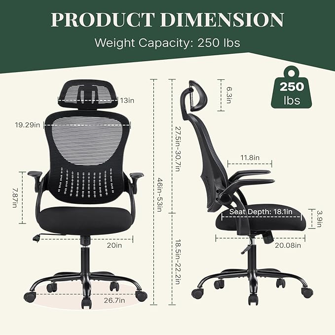 Ergonomic Office Chair, Comfy Desk Chair with Wheels, Adjustable Headrests, Flip-Up Armrests, Breathable Mesh High-Back, Comfortable Swivel Seating for Home Computer, Black