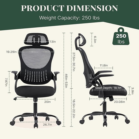 Ergonomic Office Chair, Comfy Desk Chair with Wheels, Adjustable Headrests, Flip-Up Armrests, Breathable Mesh High-Back, Comfortable Swivel Seating for Home Computer, Black