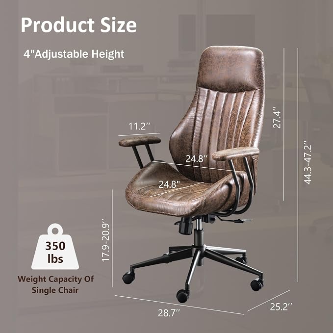 High Back Home Office Chair, Mid Century Vintage Executive Chair,Comfy Ergonomic Rolling Office Task Chair with Lumbar Support,Brown Faux Leather Office Chair,Dark Brown