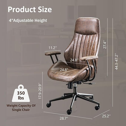 High Back Home Office Chair, Mid Century Vintage Executive Chair,Comfy Ergonomic Rolling Office Task Chair with Lumbar Support,Brown Faux Leather Office Chair,Dark Brown