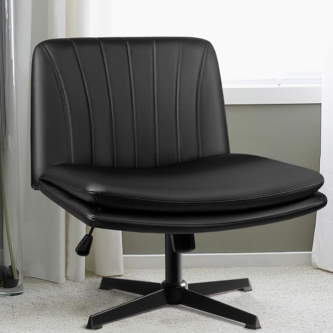 LEMBERI PU Leather Armless Office Desk Chair No Wheels,Criss Cross Legged Wide Padded Swivel Vanity Chair,120°Rocking Mid Back Ergonomic Computer Task Chair for Home, Make Up,Small Space,Black