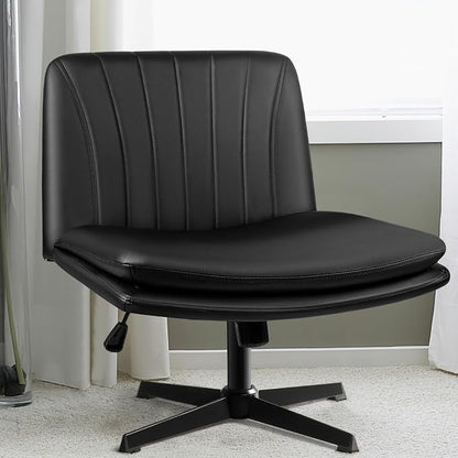 LEMBERI PU Leather Armless Office Desk Chair No Wheels,Criss Cross Legged Wide Padded Swivel Vanity Chair,120°Rocking Mid Back Ergonomic Computer Task Chair for Home, Make Up,Small Space,Black