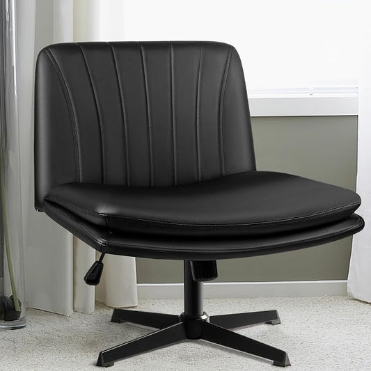 LEMBERI PU Leather Armless Office Desk Chair No Wheels,Criss Cross Legged Wide Padded Swivel Vanity Chair,120°Rocking Mid Back Ergonomic Computer Task Chair for Home, Make Up,Small Space,Black