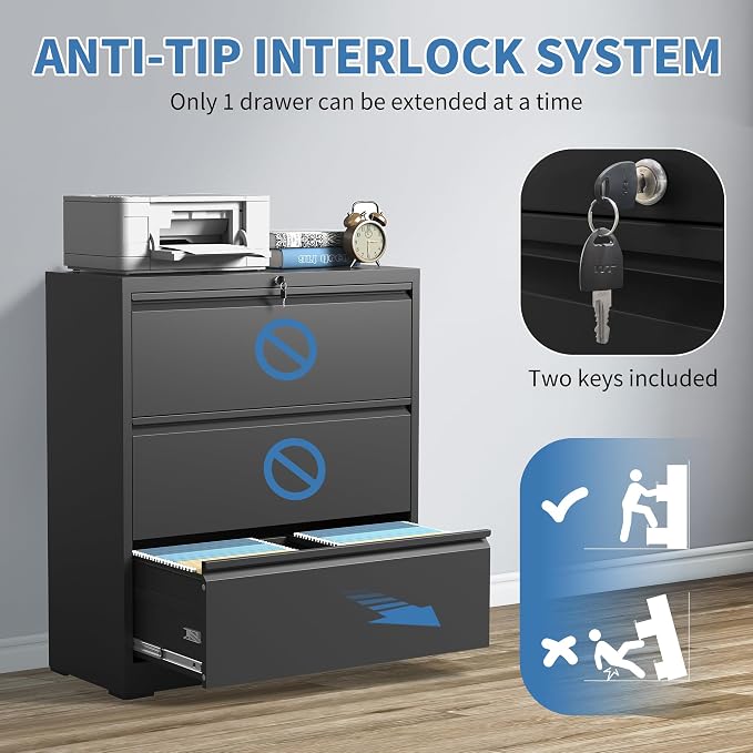 File Cabinets 3 Drawer,Metal Office Storage Filing Cabinet with Lock,Black Lateral Filing Cabinet for Home Office,Horizontal Locking File Cabinets for Legal/Letter/A4 Files,Assembly Required