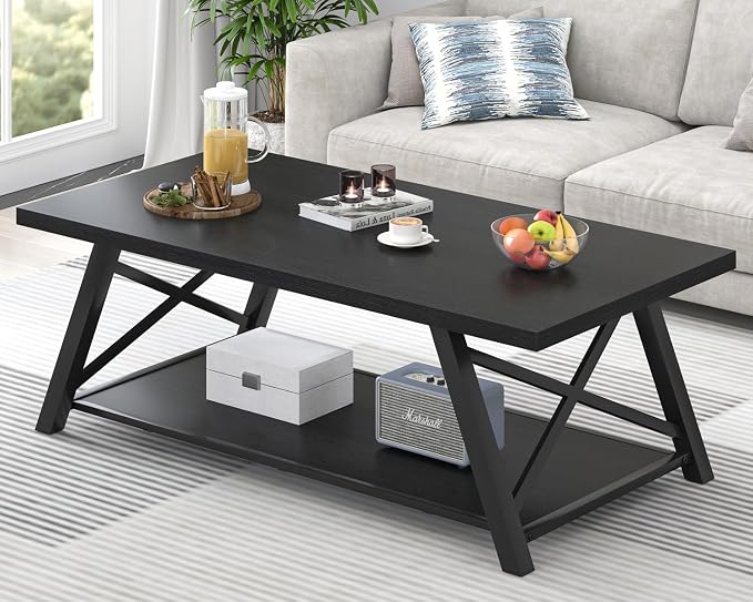EXCEFUR Black Coffee Table, Modern Wood and Metal Center Table with Storage Shelf, Industrial Rectangle Cocktail Tea Table for Living Room, 47 Inch