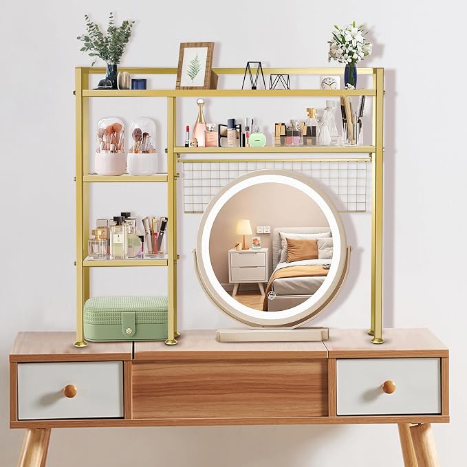 Desk Shelf with Grid Panel, 37.5" Desktop Hutch Organizer, 4-Tier Desk Bookshelf for Computer Desk, Metal & Wood Desktop Storage Rack for Home Office, Dorm, Study Desk, Gold