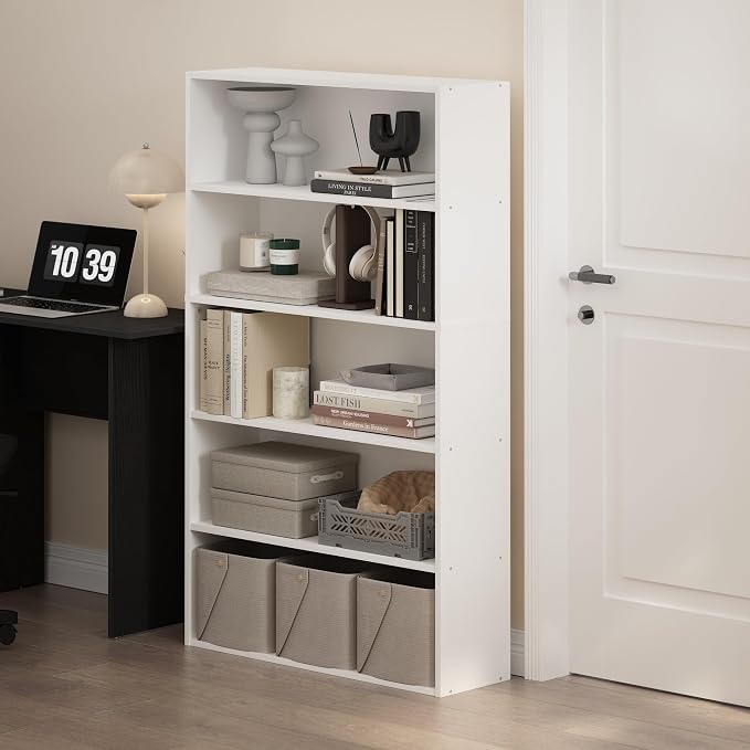 Furinno PASIR Book Shelf, 5-Tier Bookshelf, Bookcase with Open Shelf, 9.4 x 31.5 x 52.7, for Living Room, Bedroom, Home Office, White