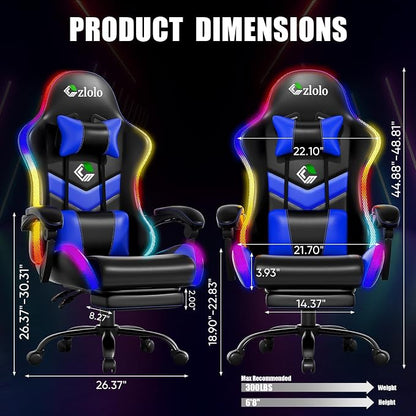 Czlolo Gaming Chair, 2026 Upgraded RGB LED Lights Computer Chair with Footrest, Lumbar Support Massager Gamer Chair, High Back, 90-135° Reclining, Linkage Armrests, Blue