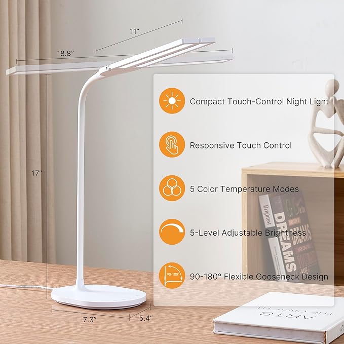 LED Desk Lamp for Home Office, Ultra Wide Double Head Desk Lamp with 67 Inch Coverage, 2400 Lux Bright Task Lighting, 5 Color Modes, Adjustable Brightness, Reading Lamp for Work and Study