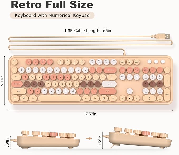 MOWUX Computer Keyboard Wired, Plug Play USB Retro Round Typewriter Keyboard, Full Size Wired Keyboard with Foldable Stands for Laptop and Office PC- Milk Tea Colorful