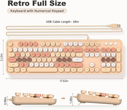 MOWUX Computer Keyboard Wired, Plug Play USB Retro Round Typewriter Keyboard, Full Size Wired Keyboard with Foldable Stands for Laptop and Office PC- Milk Tea Colorful