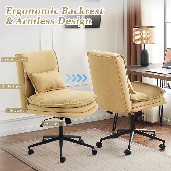 VINGLI Cloud Criss Cross Legged Chair,18" High Back Armless Home Office Desk Chair with Wheels,Wide Adjustable Comfy Padded Seat Task Computer Chair,Modern Swivel Makeup Vanity Chair,Fabric,Yellow