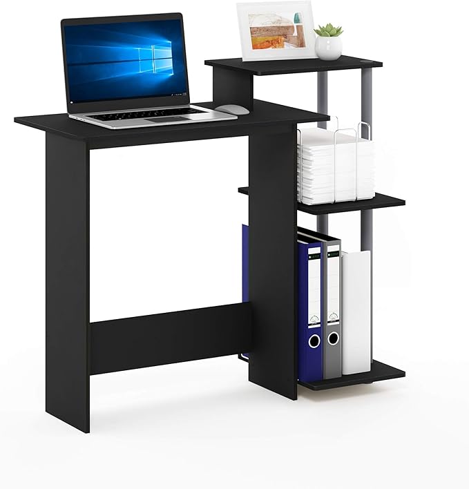 Furinno Efficient 29-Inch Black Computer Desk with Side Shelves, Gaming Desk with 3 Open Shelves, Home Office Desk, for Home Office, Study Room, Dorm, Bedroom, Black