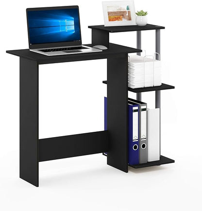 Furinno Efficient 29-Inch Black Computer Desk with Side Shelves, Gaming Desk with 3 Open Shelves, Home Office Desk, for Home Office, Study Room, Dorm, Bedroom, Black