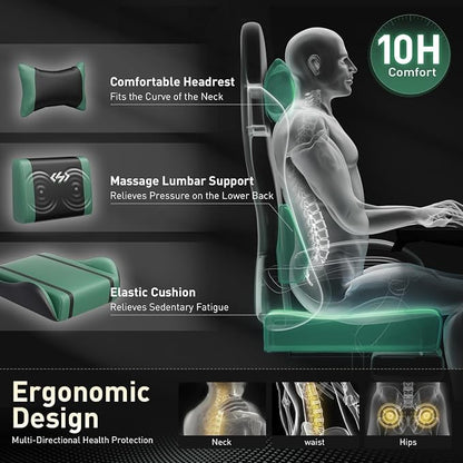 HLDIRECT Gaming Chair, Ergonomic Video Game Seat with 360° Swivel & Lumbar Massage, Computer Chair PU Leather Cushion for Adults Home/Office Use (Black & Green)