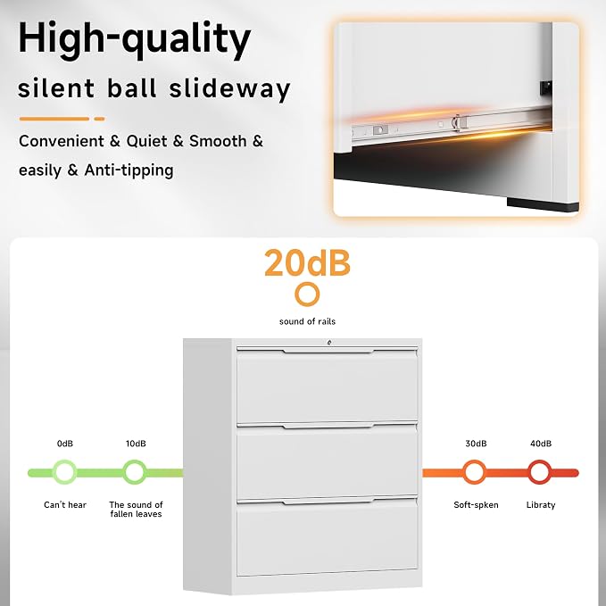 Bestoo 3 Drawer File Cabinet with Lock, File Cabinet, Metal Lateral Filing Cabinet, File Cabinets for Home Office, Office Cabinet for Hanging Files Letter/Legal/F4/A4 Size