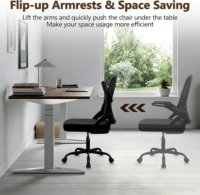 CLATINA Office Chair with Wheels, Ergonomic Flip Up Arms Mesh Back Desk Chairs with Lumbar Support, PU Leather Seat Adjustable Height Swivel Rolling Computer Task Chair for Study Home School, Black