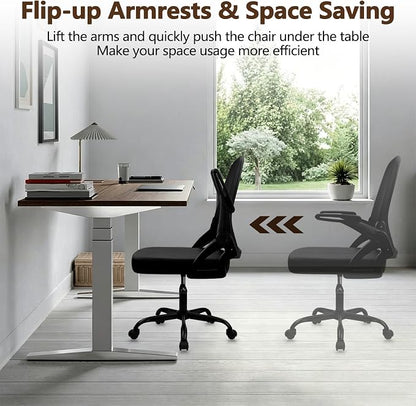 CLATINA Office Chair with Wheels, Ergonomic Flip Up Arms Mesh Back Desk Chairs with Lumbar Support, PU Leather Seat Adjustable Height Swivel Rolling Computer Task Chair for Study Home School, Black