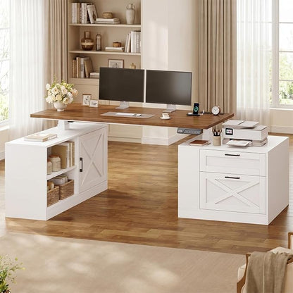 UPOSOJA 71" Farmhouse L Shaped Standing Desk, Electric Height Adjustable Corner Desk with Storage Cabinet & File Drawers, Wood Stand up Computer Desks with Power Outlets for Home Office
