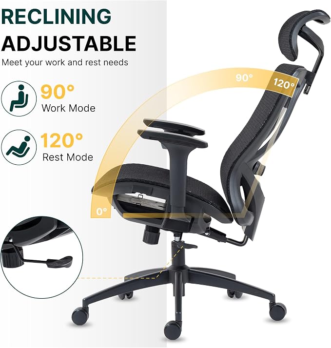 Ergonomic Mesh Office Chair, 3D Adjustable Armrests Desk Chair with 360° Swivel Silent Casters, 90°-120° Reclining Backrest Adjustable Gaming Chair for Home Office