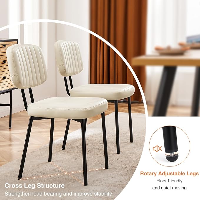 Sweetcrispy Dining Chairs Set of 2, Upholstered Mid Century Modern Kitchen Accent Chairs with Faux Leather Cushion Seat & Metal Legs for Home Office, Living Room-Beige White