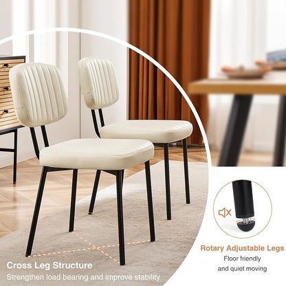 Sweetcrispy Dining Chairs Set of 2, Upholstered Mid Century Modern Kitchen Accent Chairs with Faux Leather Cushion Seat & Metal Legs for Home Office, Living Room-Beige White