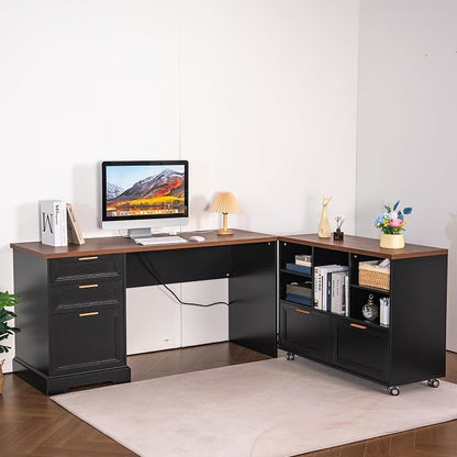 60" Farmhouse Executive Desk and 40" Mobile File Cabinet Combination,L Shaped Executive Desk with Charging Station,Home Office Desk for Office Work,Home Study