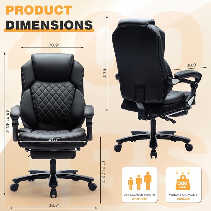 500lbs Reclining Office Desk Chair with Footrest, Managerial Executive Chair Lounge Chair for Office, Plus Size Black Leather Recliner Office Chairs