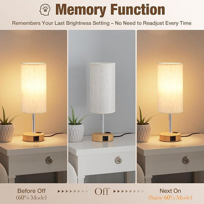 Touch Bedside Table Lamp with Memory - Stepless Dimmable Lamp for Bedroom, Small Nightstand Lamp with Dual USB Charging Ports and AC Outlet, Wood Night Light, Desk Lamp for Nursery, Living Room, Dorm